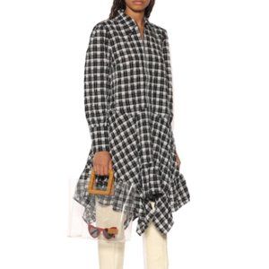 Ganni Seersucker Check Asymmetric Hem Mid Dress